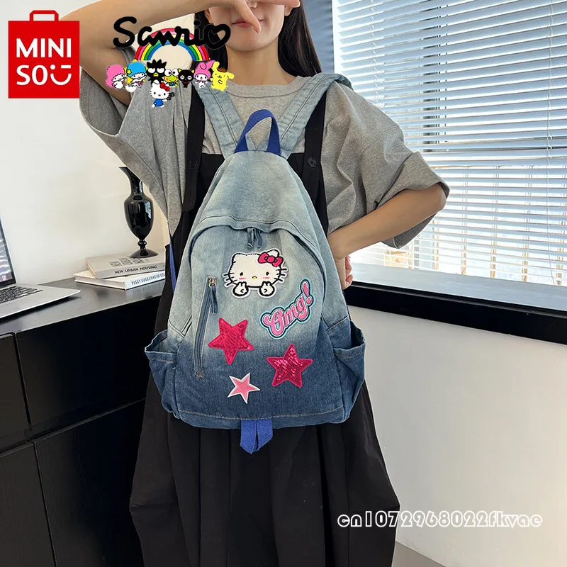 Hello Kitty New Women\'s Backpack Fashionable High Quality Denim Backpack Cartoon Personalized Large Capacity Student Backpack