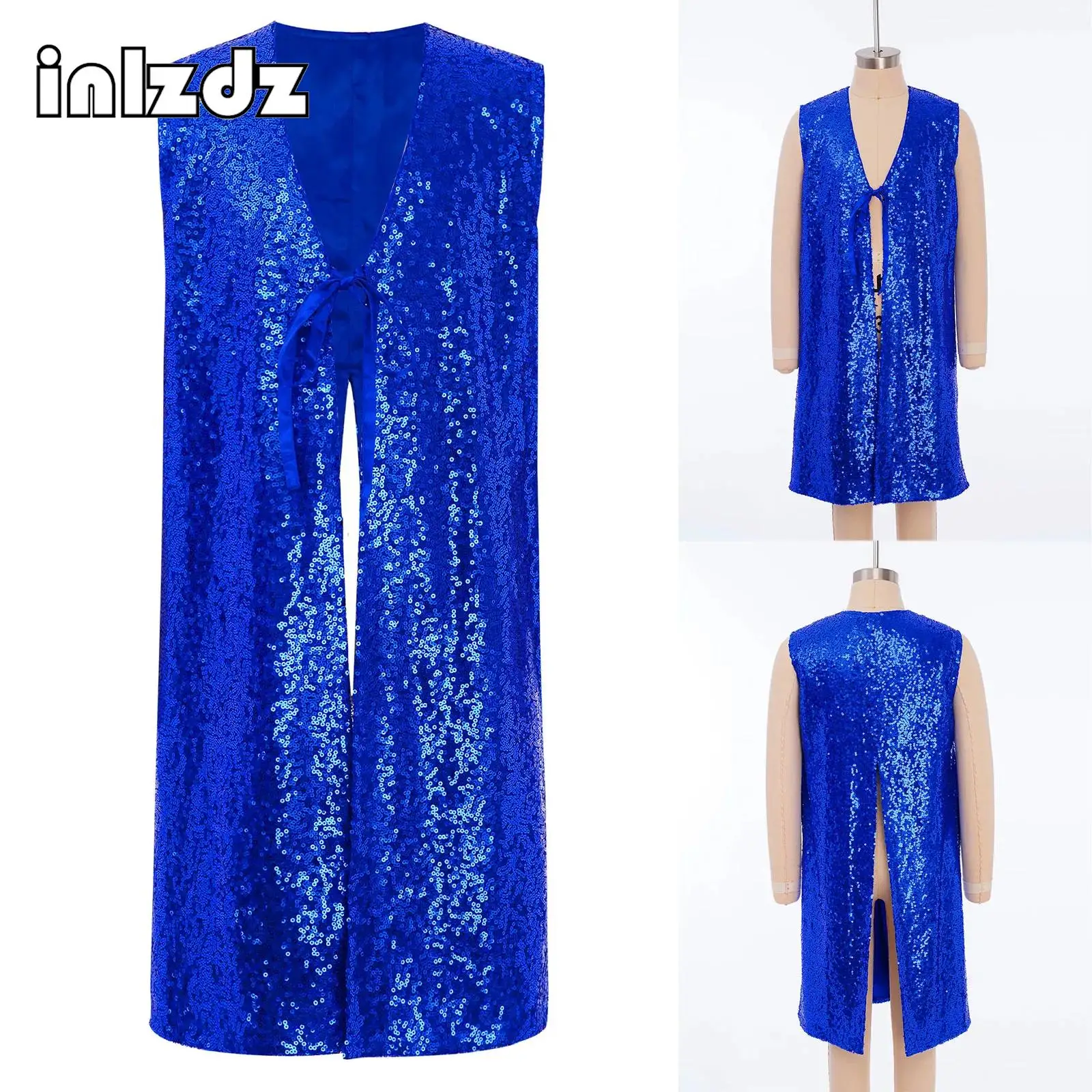 

Girls Praise Worship Dance Costume Open Front Self-Tie Sleeveless Split Shiny Sequins Tunic Competition Stage Performance Wear