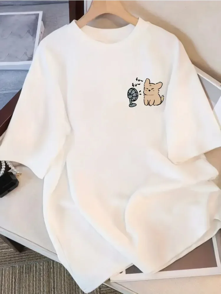 

Женская повседневная футболка с милым щенком и веером, с круглым вырезом, с мультяшным животным принтом, милый топ Y2k, кавайная женская одежда