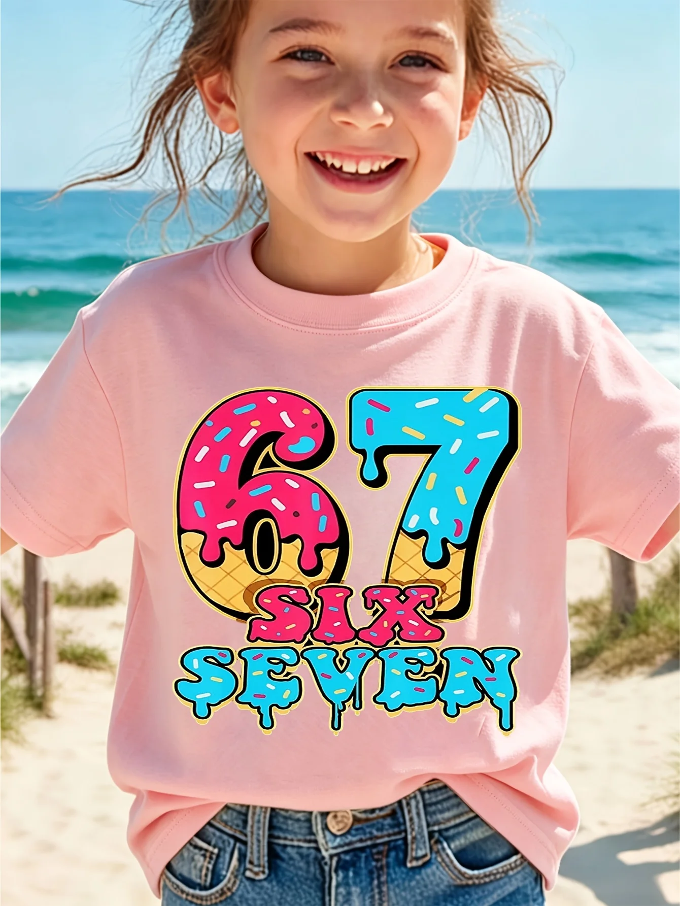 Kids Boys Girls Matching Tee Six Seven Cream Drip Number Sprinkle Cartoon Graphic Short Sleeve Crew Neck Toddler Casual Outfit
