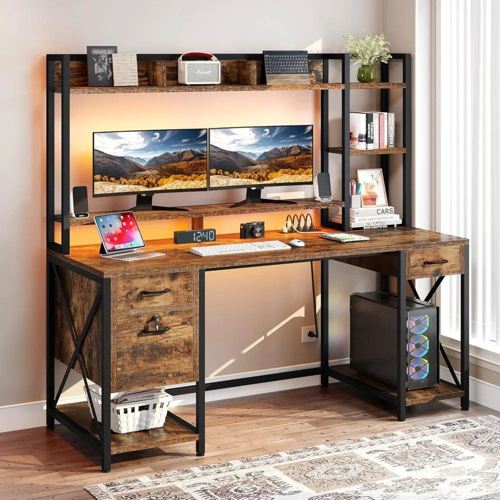 

DWVO Computer Desk with Drawers & Hutch, 59.1" Office Desk with Power Outlets & LED Lights, Home Office Desk with Storage