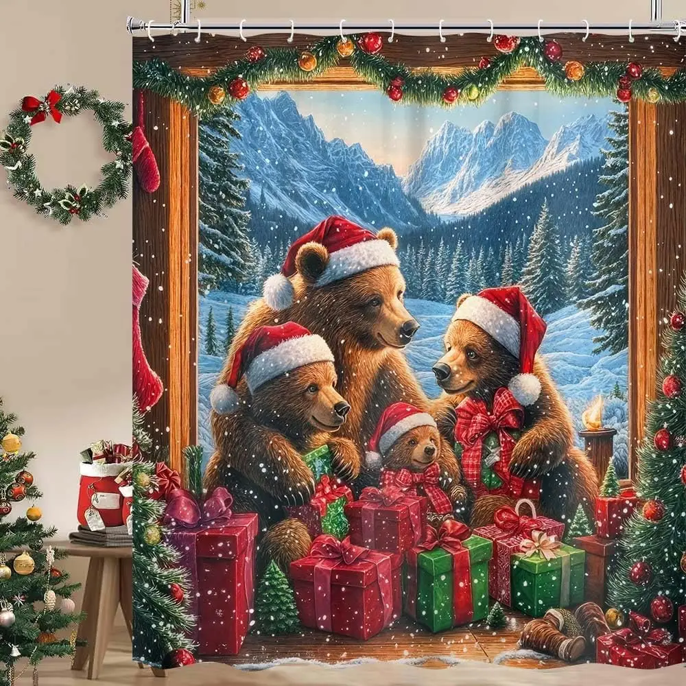 

Занавеска для душа с рождественским медведем, Рождественский фермерский дом, зимний лес, деревенские декоративные аксессуары для ванной комнаты с дикими животными, милый медведь