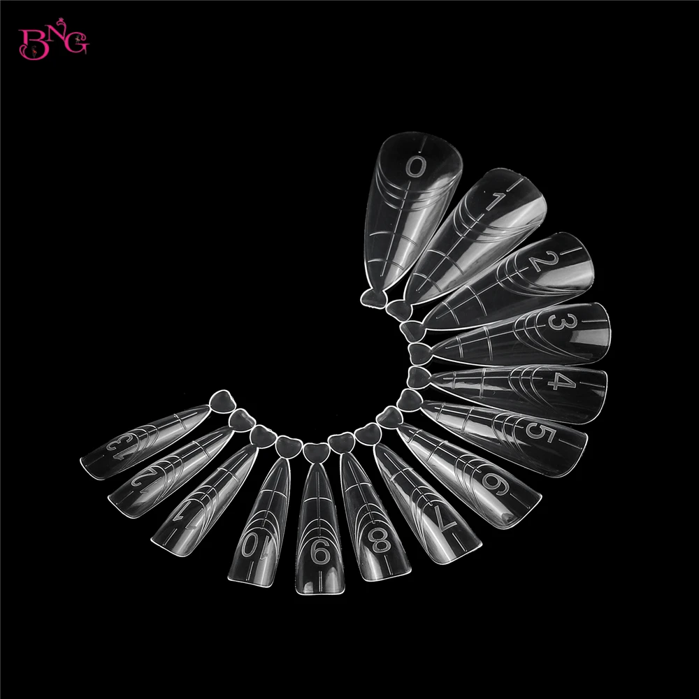 BNG 140Pcs Dual Nail Forms Poly Extension Gel Nails Full Cover Nail Tip Builder Molds 14 Sizes Clear Almond for Solid Nail Gel
