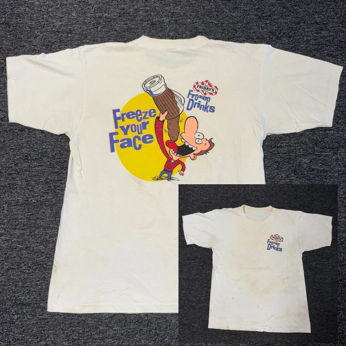 Vintage 90s RARE TGI Fridays Frozen Drink White Funny Promo T-Shirt Mens