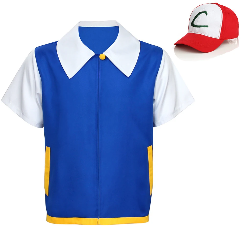 Halloween Cosplay Anime Ash Ketchum Kleding Mannen Blauwe Jas Kostuum Jongens Meisjes Cosplay voor Party Trainer Kinderen en volwassenen Set