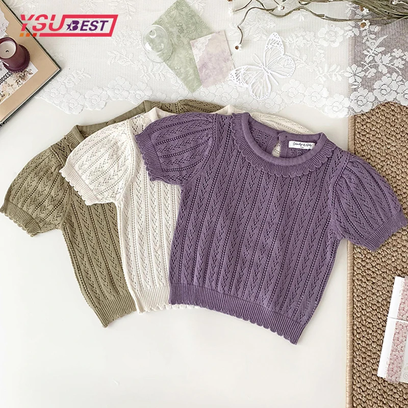 

New Baby Girls Knitted Sweaters Summer Thin Princess Ruffled Collar Toddlers Children Pullovers Tops Hollow Sweater Korean Style