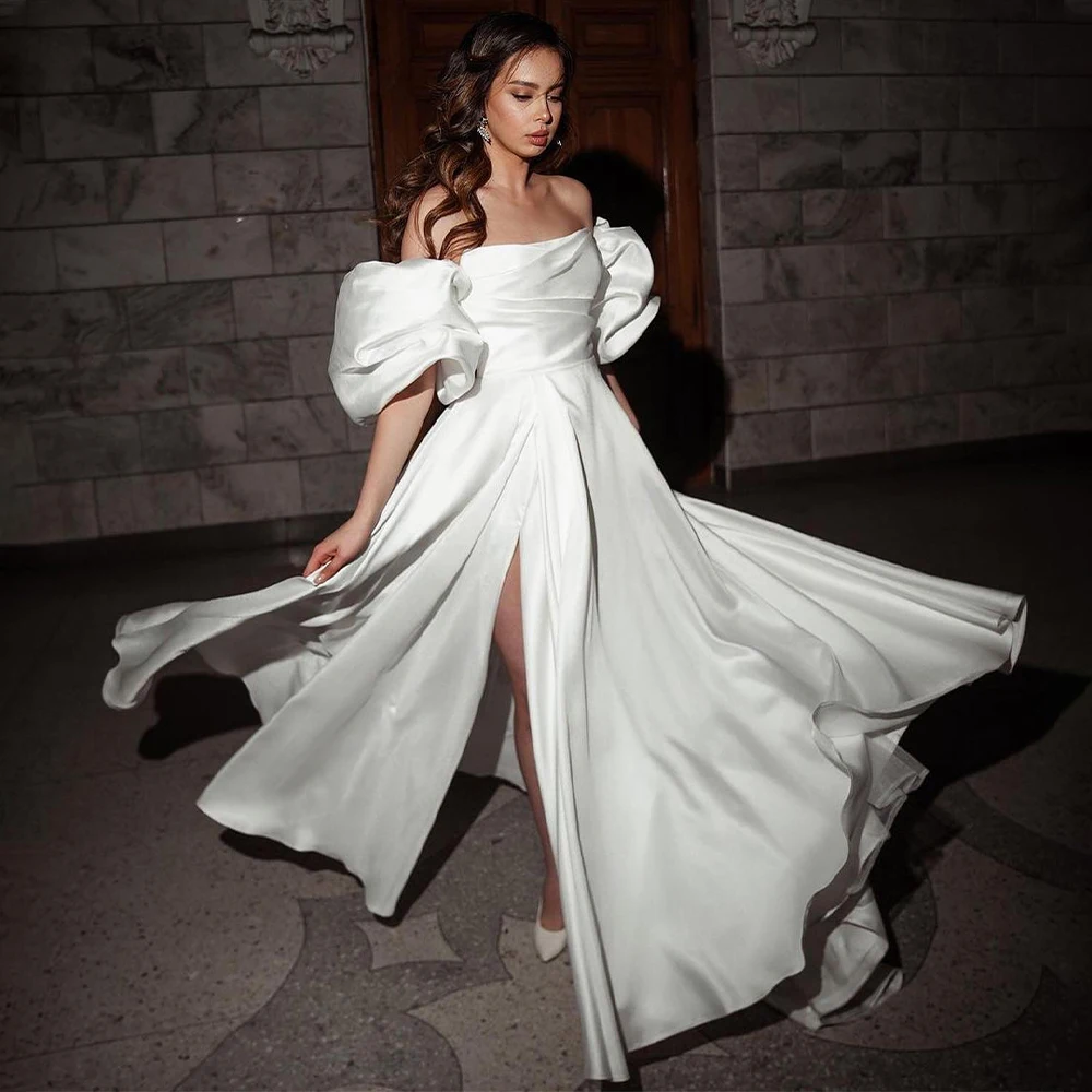 

Civil Wedding Dresses for Women 2023 Bride Off the Shoulder Simple Gown White Satin Puff Sleeves Side Slit Bridal Dress