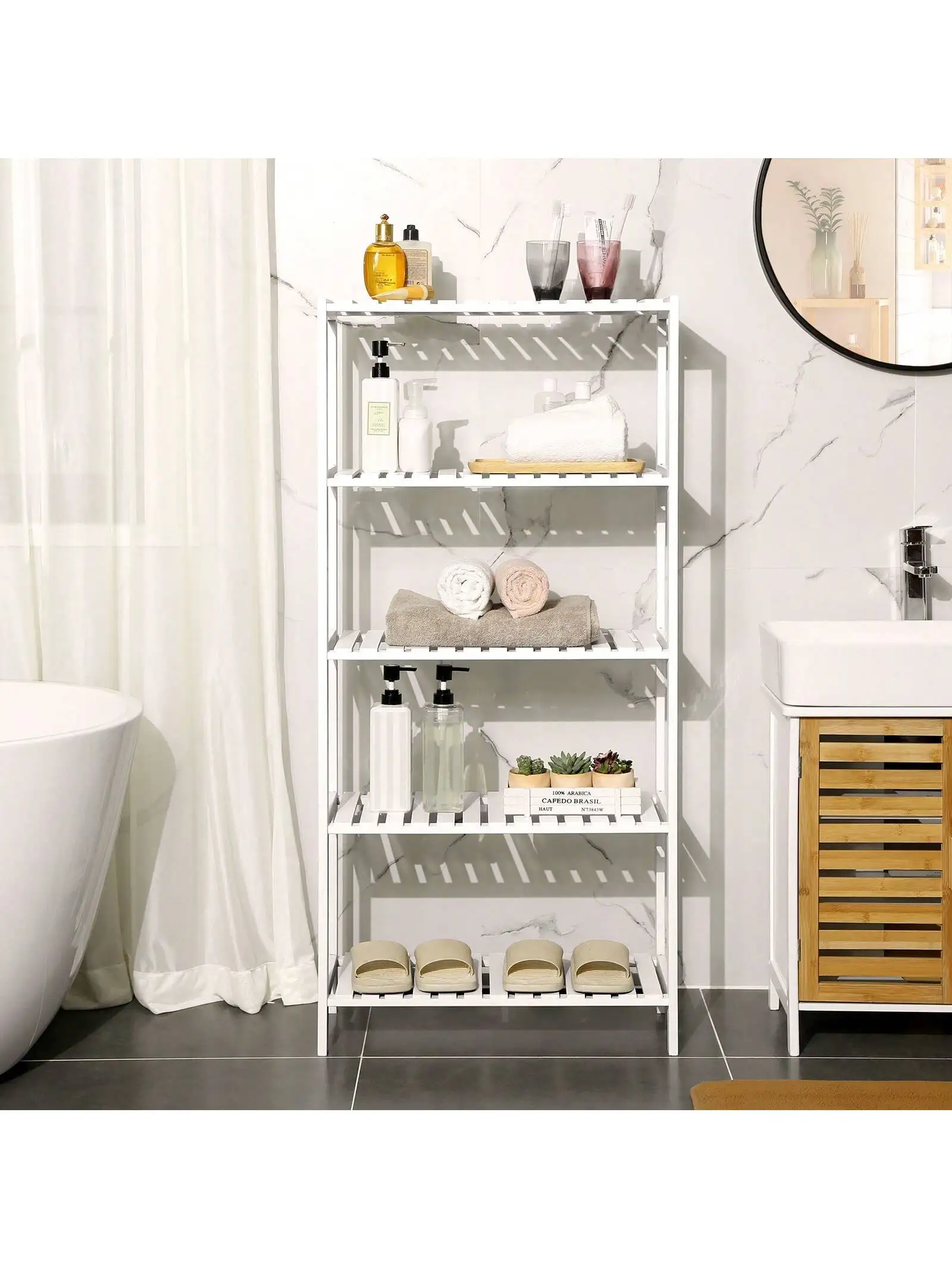 SONGMICS ripiano in bambù a 5 livelli: 9 altezze regolabili, 60x26x130 cm, bianco