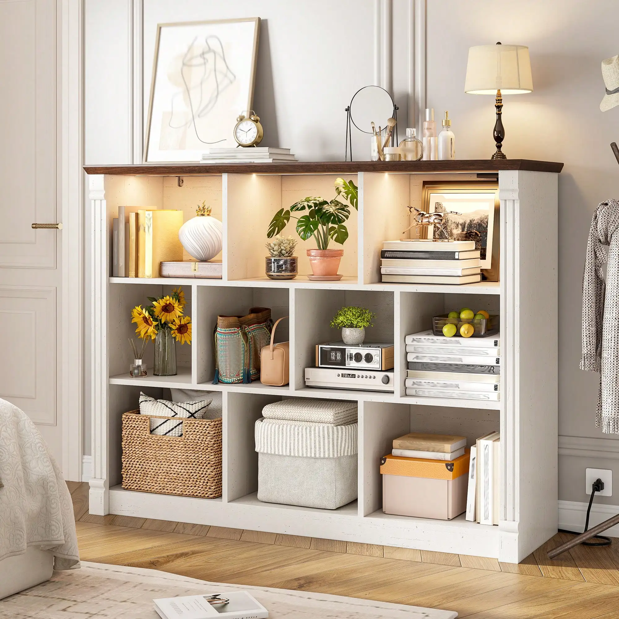 EnHomee Farmhouse 10 Cube Storage Organizer, Rustic Open Bookshelf With LED Light And Charging Station, Display Cabinet Organizer For Living,RoomBedroom,Office