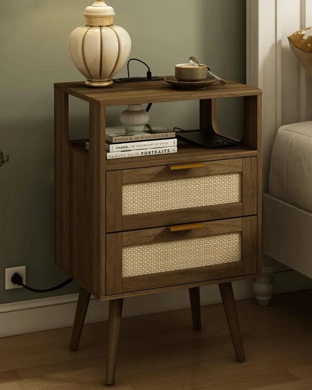 

Rattan Nightstand with Charging Station,Modern Bedside Table with Storage Drawer and Open Wood Shelf