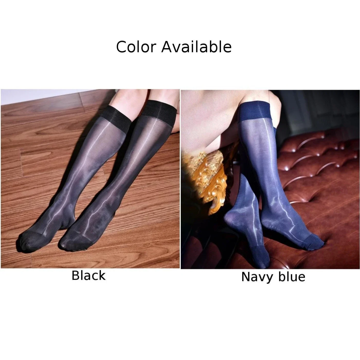 Stretchy Knee High Long Socks Hoisery Sheer Pantyhose for Mens, Ultra Thin Oil Shiny Stockings Black, Navy blue