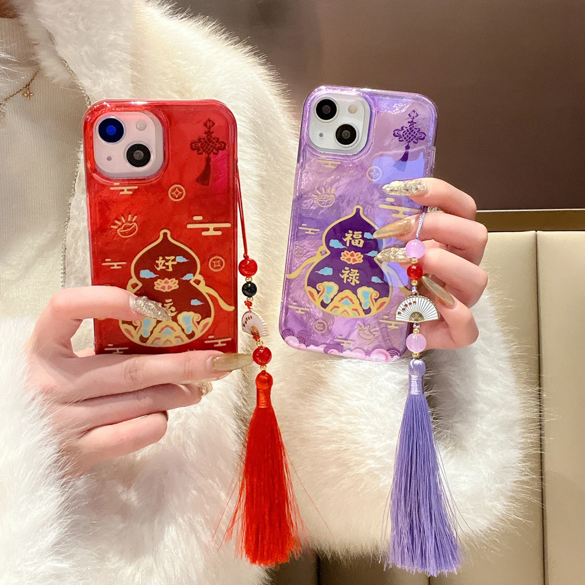 Chinese INS Traditional Style Calabash Pattern With Fringe Phone Case for iPhone 16 15 14 13 Pro Max Back Phone Cover Capa