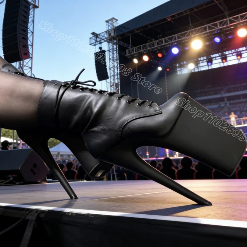 

Black Lace up Leather Short Boots Platform 26cm Stiletto Performance Design for Women Spring Dancing Boots Zapatos Para Mujere