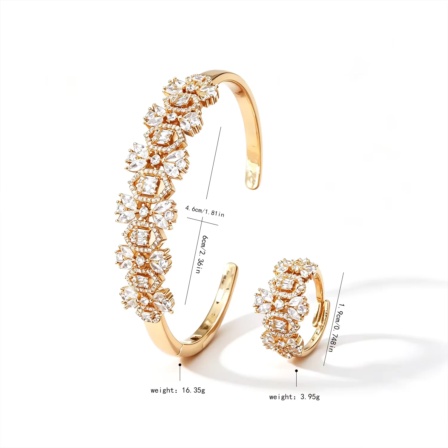 Women's Flower Cluster Cuff Bangle & Matching Ring Set, Adjustable Floral Jewelry