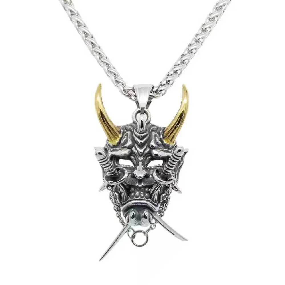 Japanese Ghost Samurai Mask Necklace Pendant Men's Creative Trend of Domineering Hip-hop Retro Double Sword Punk Fashion Pendant