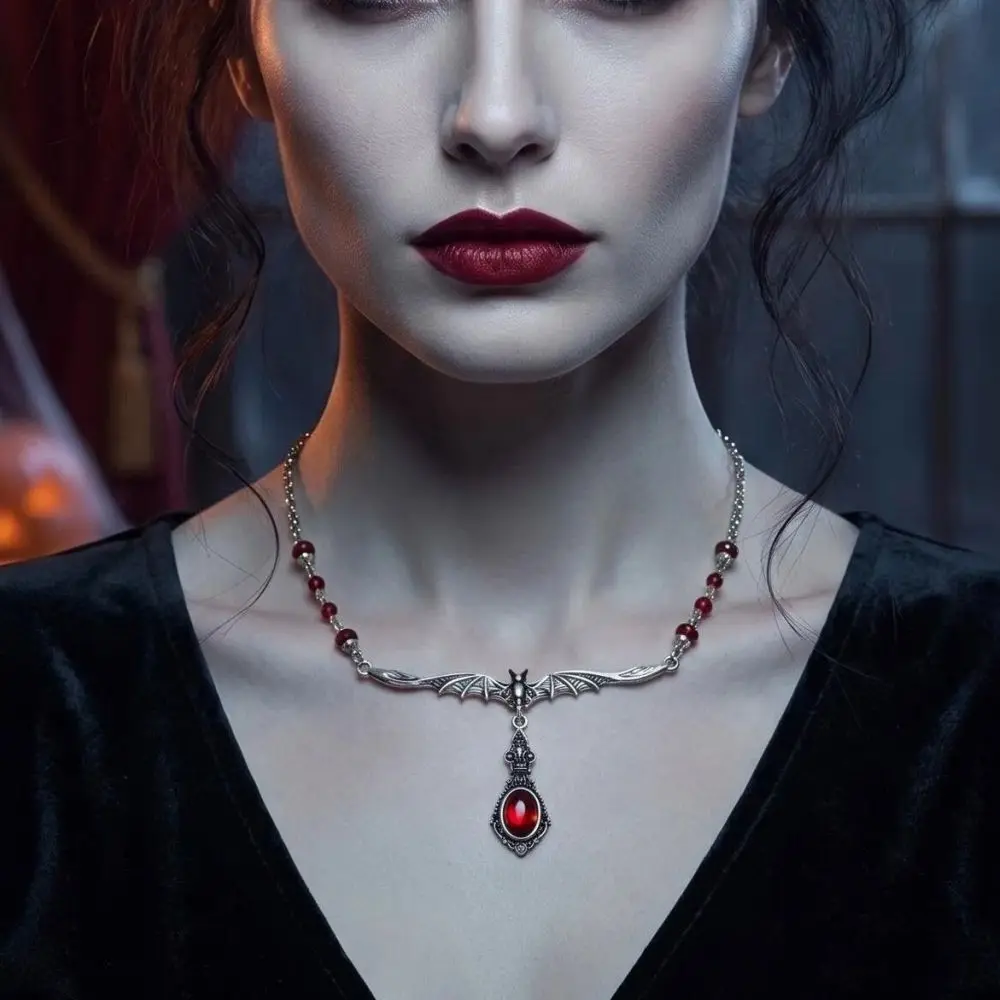 Gothic Bat Wing Choker Vintage Dark Red Gem Pendant Necklace Halloween Vampire Cosplay Jewelry for Women