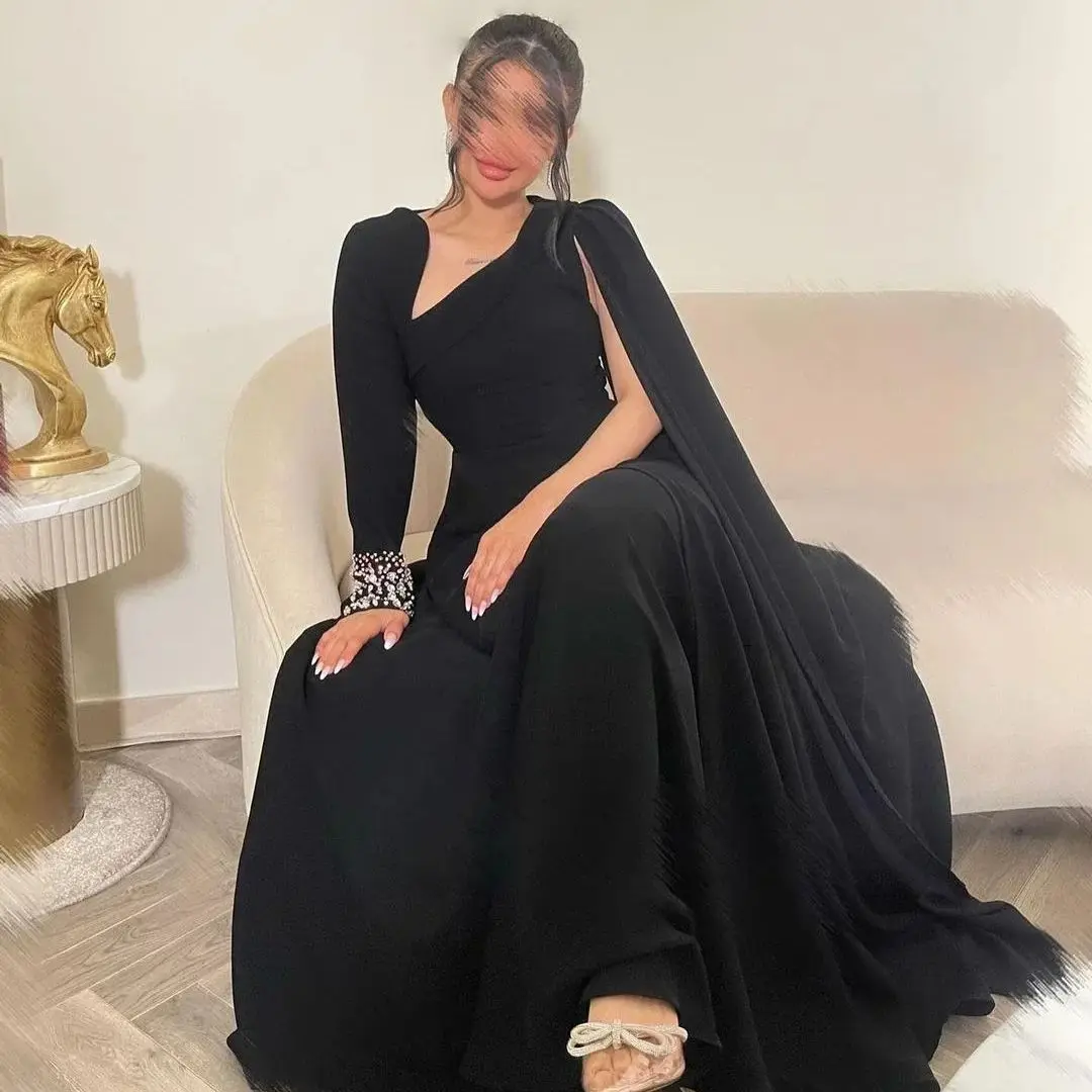 Fashion Black Beaded Evening Gown Saudi Arabia 2024 Prom Dresses A-Line Long Cape Sleeves Party Formal Occasion Dress V Neck New