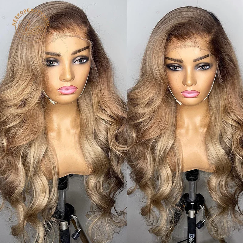 

Honey Blond Lace Frontal Wig 13x6 Body Wave Transparent Lace Front Wig Ombre Ash Blonde Colored Human Hair Wigs With Brown Roots