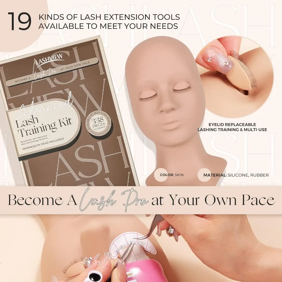 مجموعة تدريب شاملة لتمديد الرموش للمبتدئين مع 338 قطعة من الأدوات الأساسية برأس عارضة أزياء احترافي يتميز بـ 7 باي
