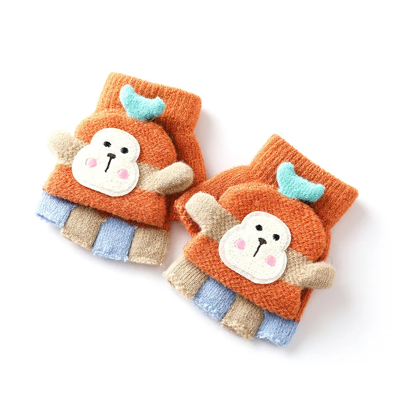 1pair Boys Cartoon Winter Wool Fingerless for Girls with Mitten Gloves Cover Knit Convertible Yrs 3-8