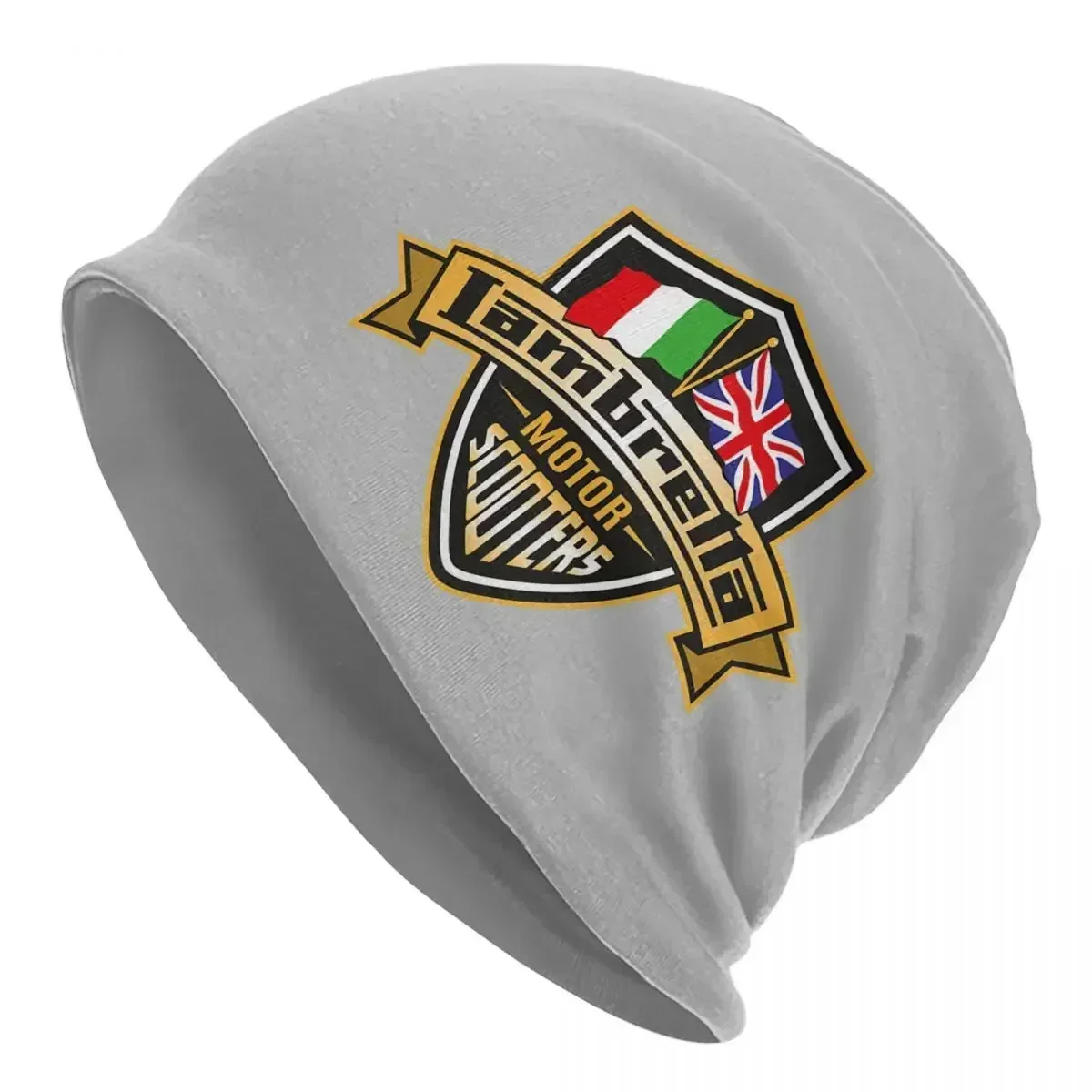 

Lambretta Motor Scooters With Union Jack And Italian Flags Warm Knitted Cap Fashion Bonnet Hat Beanies Hats for Unisex Adult