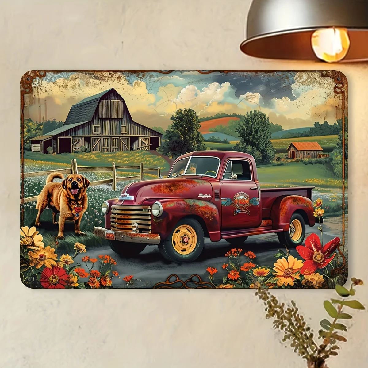 Una placa de hojalata de metal de estilo retro con estructura de hierro, fija en una escena de granja rural, equipada con un camión antiguo y un perro.
