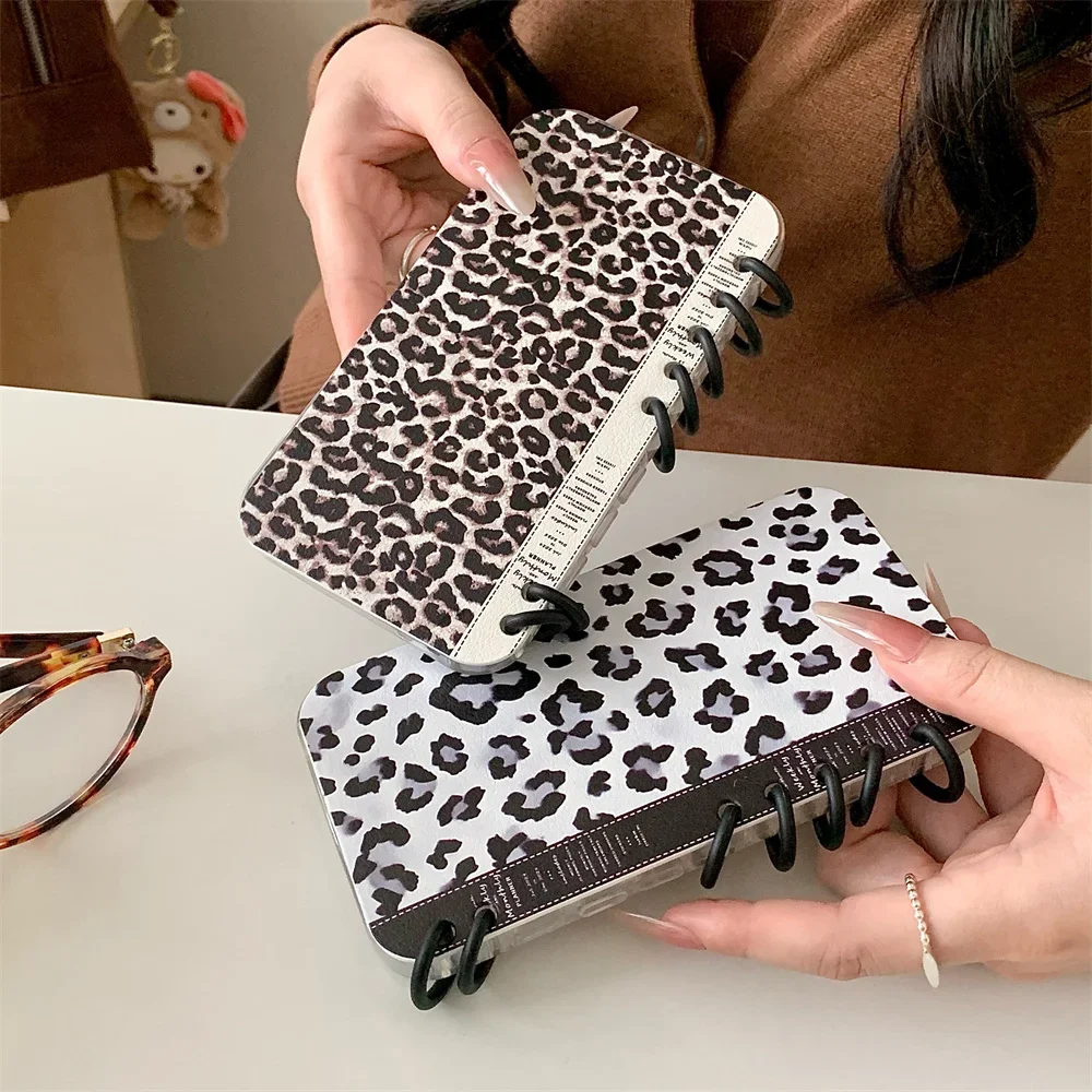 Cute Leopard Pattern Spiral Notebook Style Flip Phone Case for iPhone 16 Pro Max 15 14 13 Crad Slot Holder Stand Leather Cover