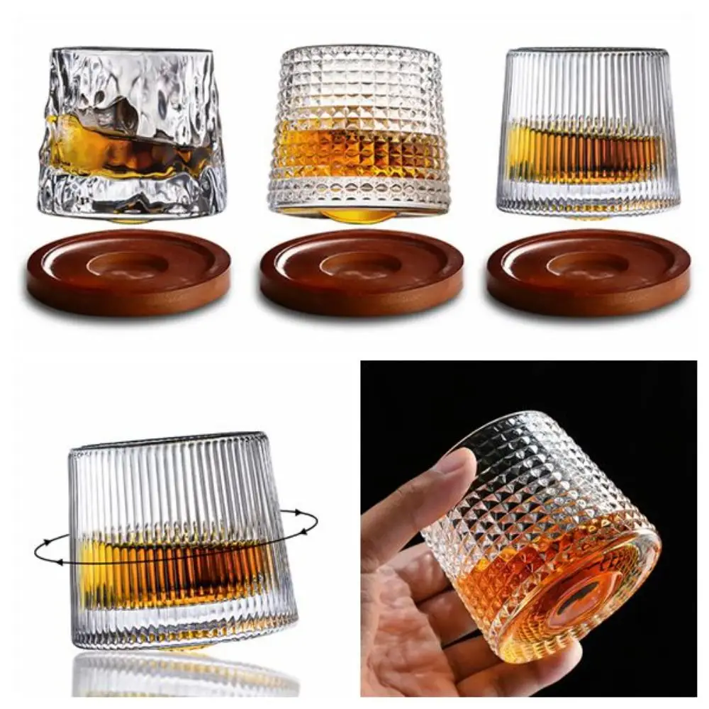 Whiskey Glasses Rotating Whisky Glass with Base 360 Rotate Degrees Crystal Rum Glass for Cocktail Party Drinking Glass