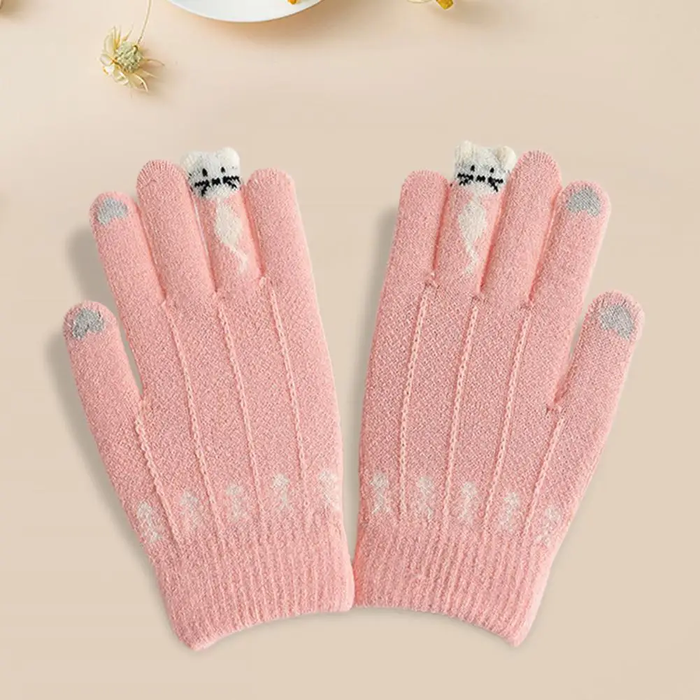 Warm Gloves 1 Pair Useful Ribbed Cuffs Anti-slip  Fluffy Lining Female Crochet Knitting Thickened Outdoor Gloves Daily Wear