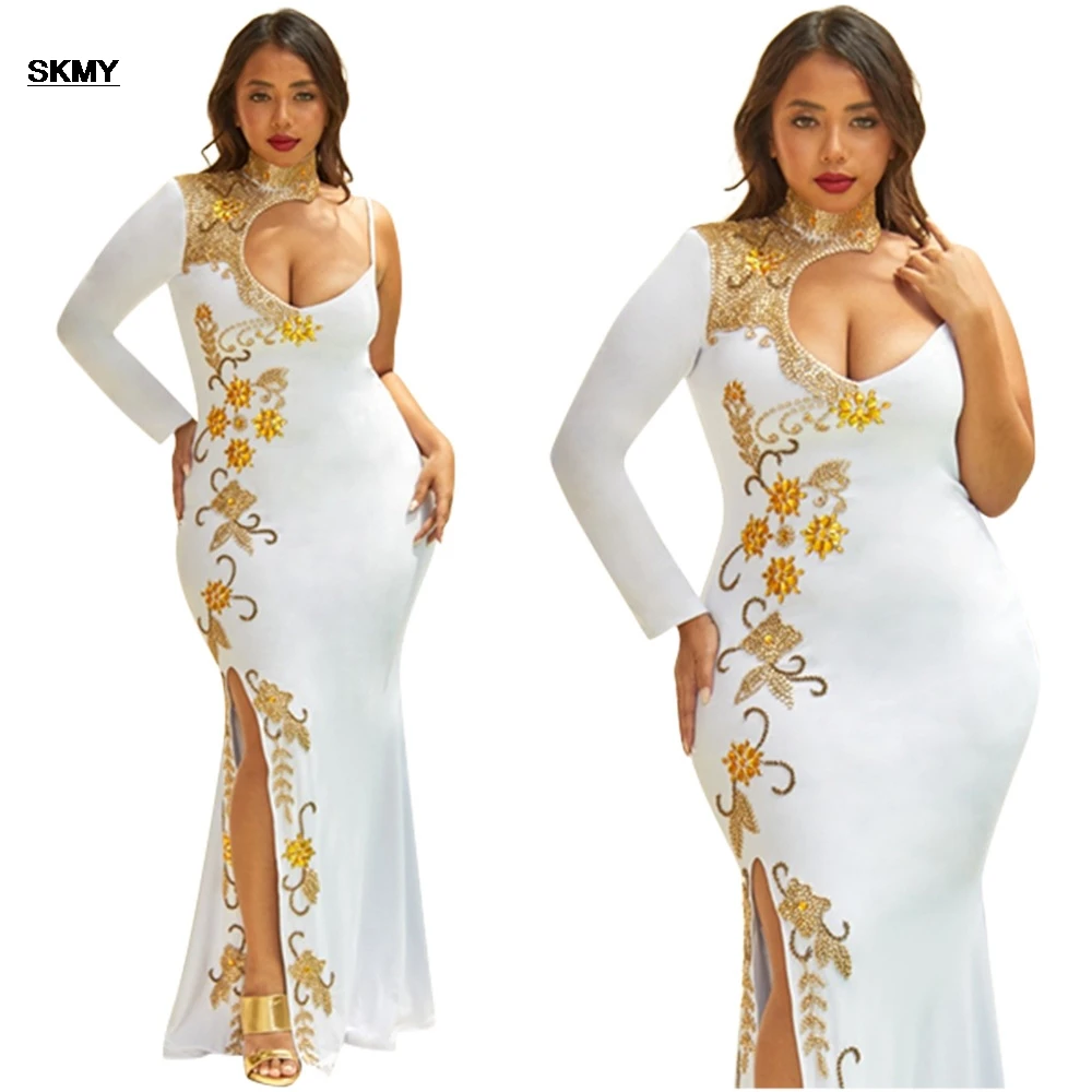 SKMY-Robe longue fendue à manches longues pour femme, fleur de diamant, noir et blanc, média, sexy et à la mode