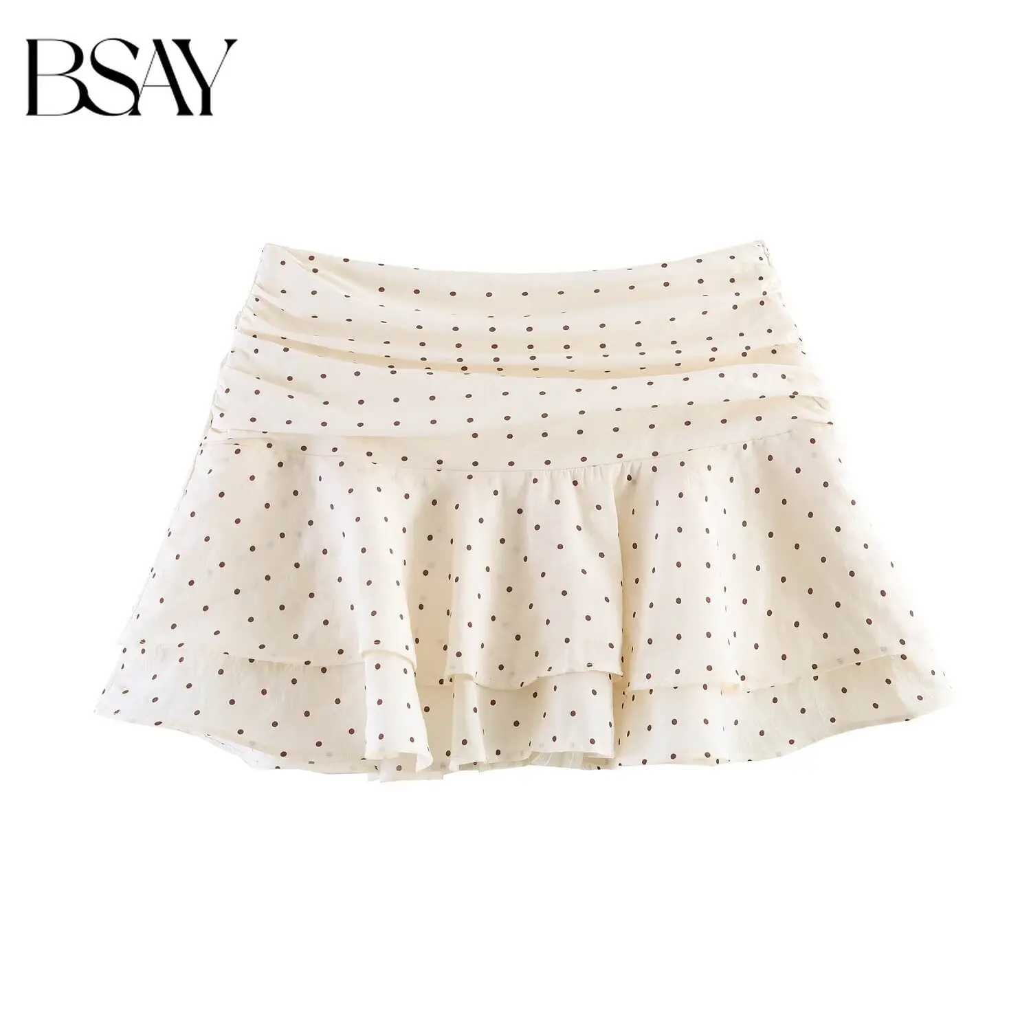 BSAY Neuer Beiger Gepunkteter Skort für Damen, Hochgeschnittener Plissierter Rüschen-Minirock, Sommerliche Lässige Strandshorts mit Futter