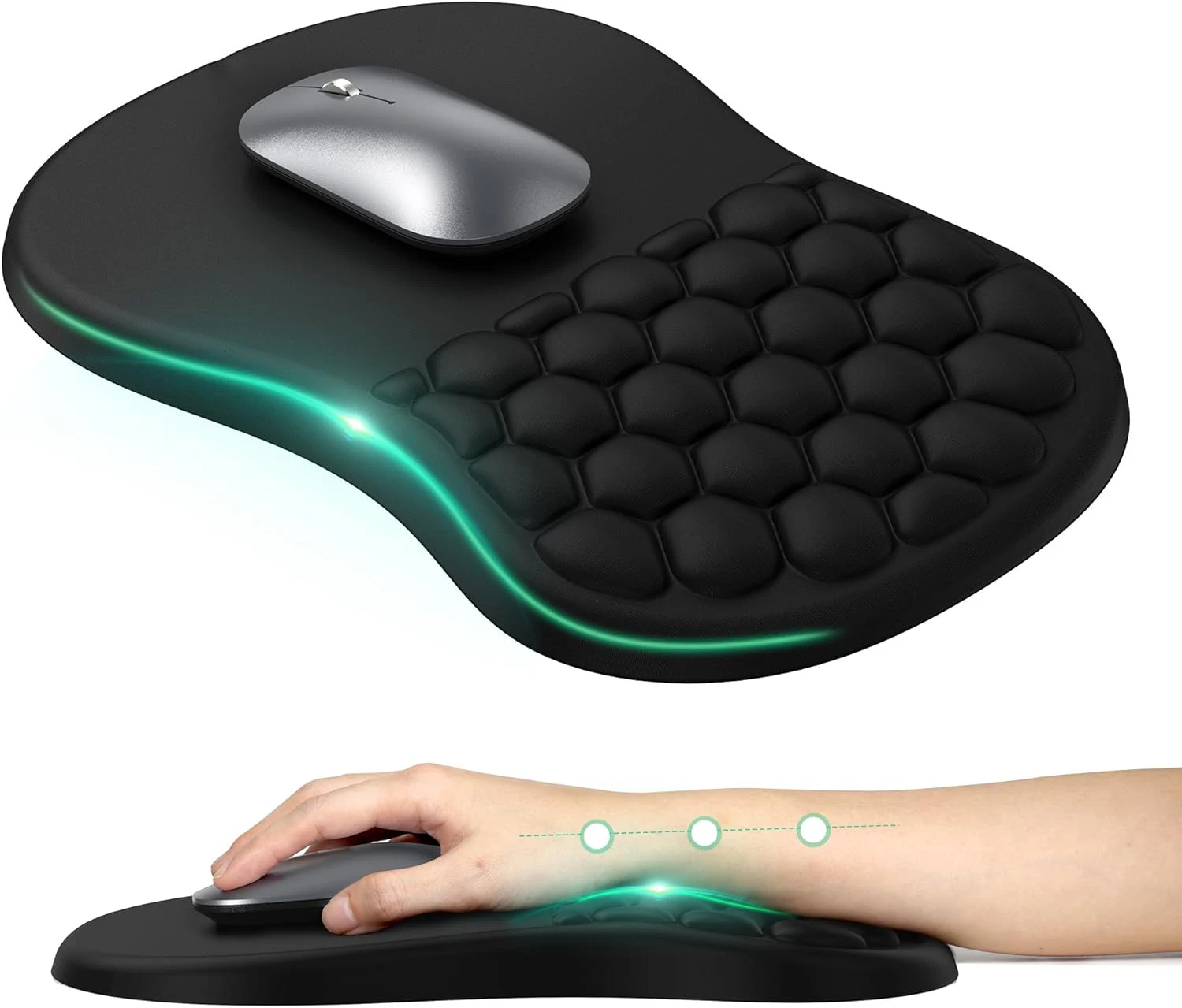 Ergonomisches Mauspad mit Handgelenkauflage aus weichem Milchseidenstoff, Mauspad mit Massage-Design, Memory-Schaum und rutschfester PU-Basis