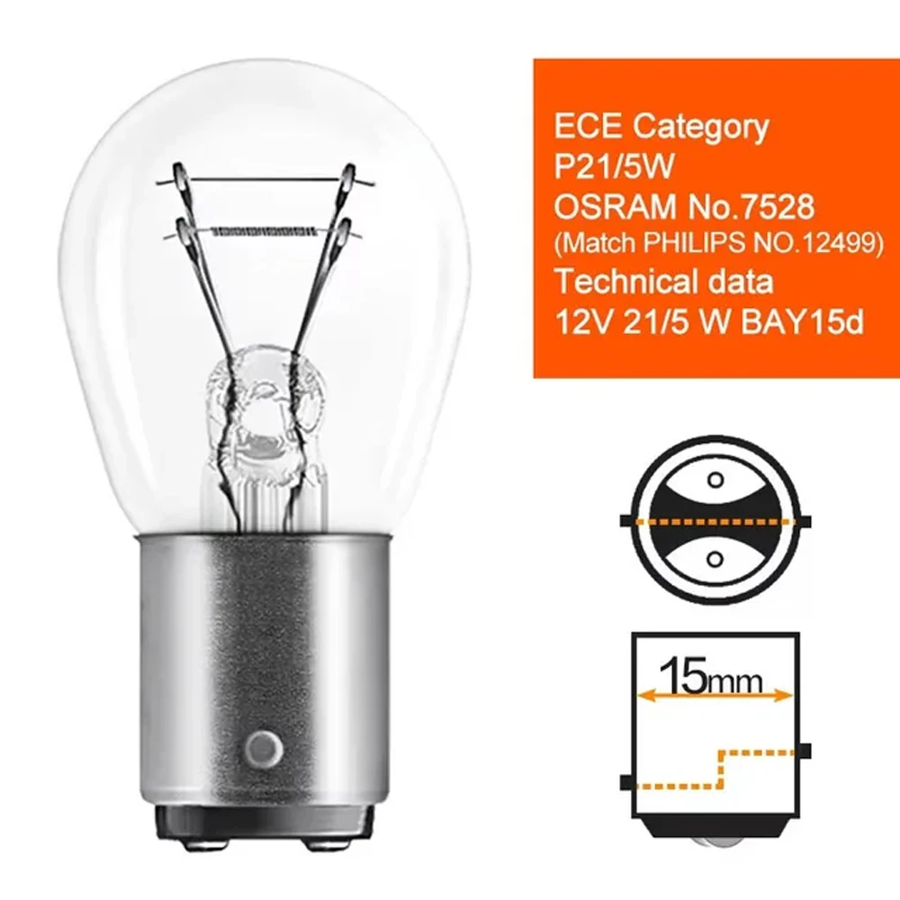 오스람 정품 P21/5W BAY15d 자동차 방향지시등 듀얼 필라멘트 자동차 전구 브레이크 등 사이드 램프 할로겐 라이트 12V S25 7528, 한 쌍