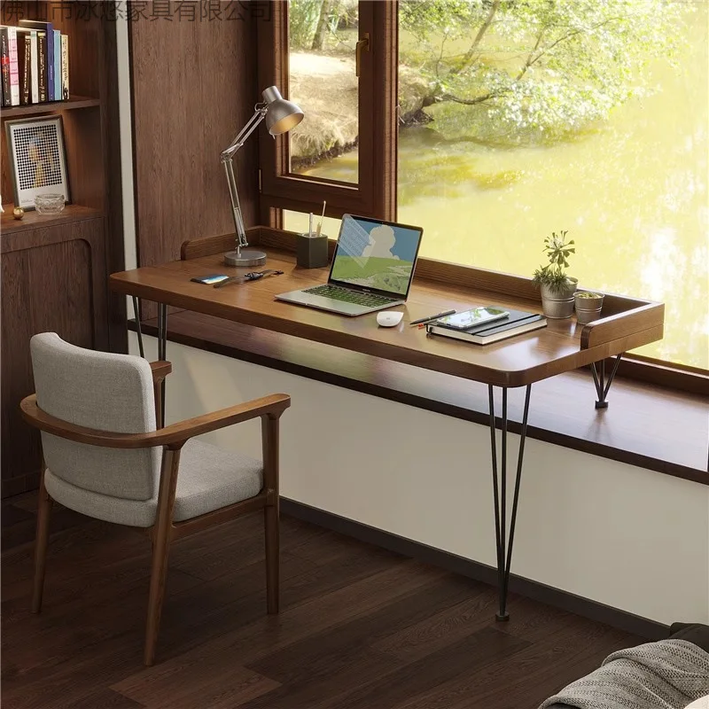 All solid wood bay window desk household long computer desk, bedroom student writing table high and low leg desk