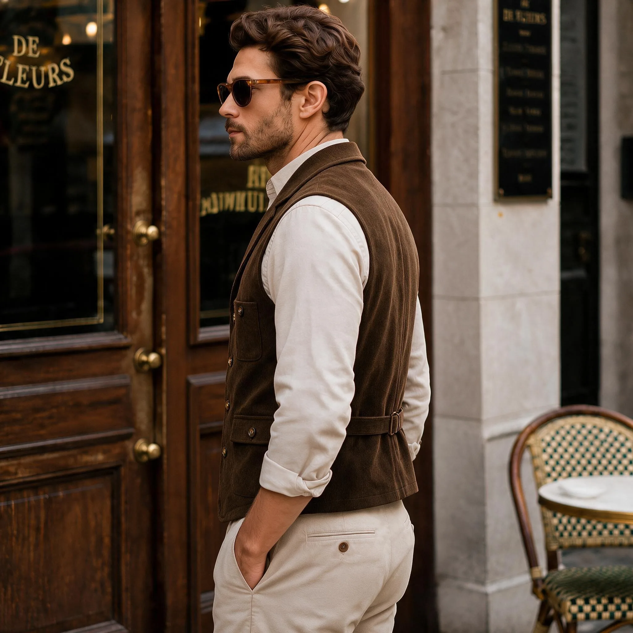 Herren Vintage Cord-Anzugweste mit Revers, Verstellbarem Rückengurt, Ärmellos, Business-Casual-Gilet mit Mehreren Taschen – Detail 12