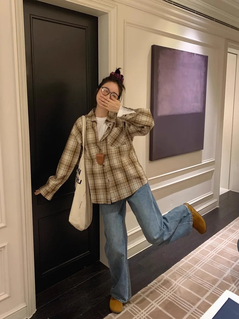 

Xubing Spring Ретро клетчатый женский свободный повседневный длинный све на пуговицах удобный дышащий модный топ в клетку