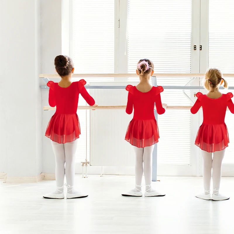 女の子用バレエレオタード、幼児用フリル袖ハイローファインメッシュスカート、キッズ用長袖ダンスドレス