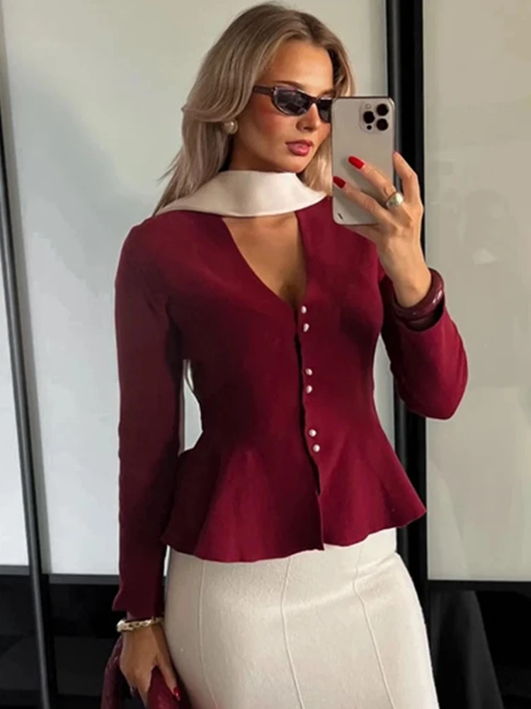 

Tuularose Women's Ruffled Cardigan Fashion White V-Neck Slim Autumn Winter Sweater New Streetwear Female Knit Cardigan Outwear