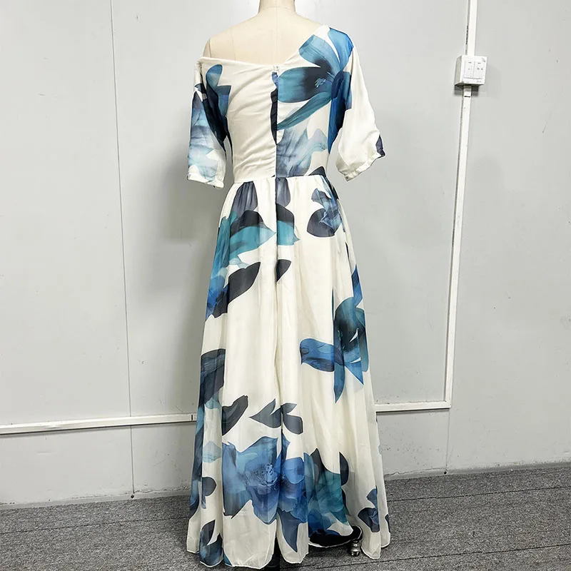 أنيقة بوهو مطبوعة المرأة الصيف فستان طويل مثير قصيرة الأكمام شاطئ فستان الشمس مائل الرقبة مساء حفلة موسيقية ماكسي فساتين Vestidos