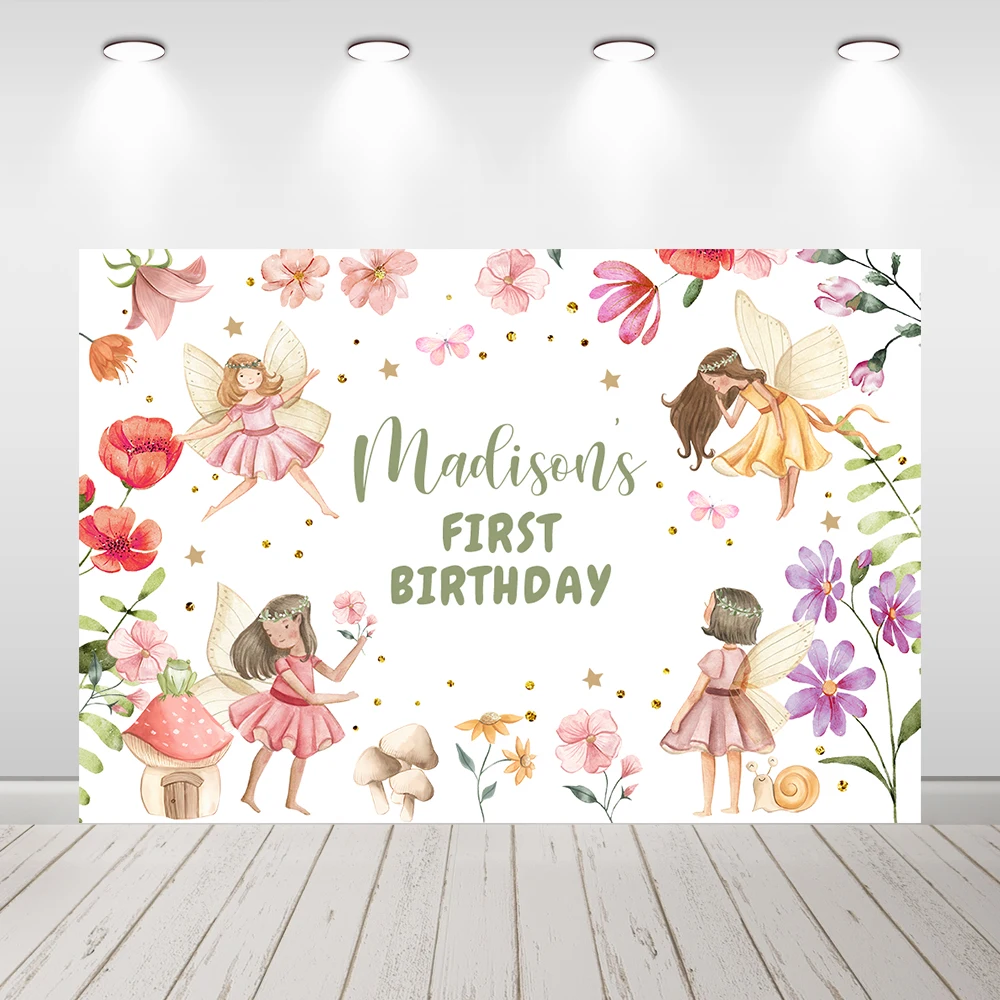 Girls Flowers Fairy Mushroom Birthday Backdrops, 1st Birthday Party Decoration, Colorful Butterfly Photography Background Banner