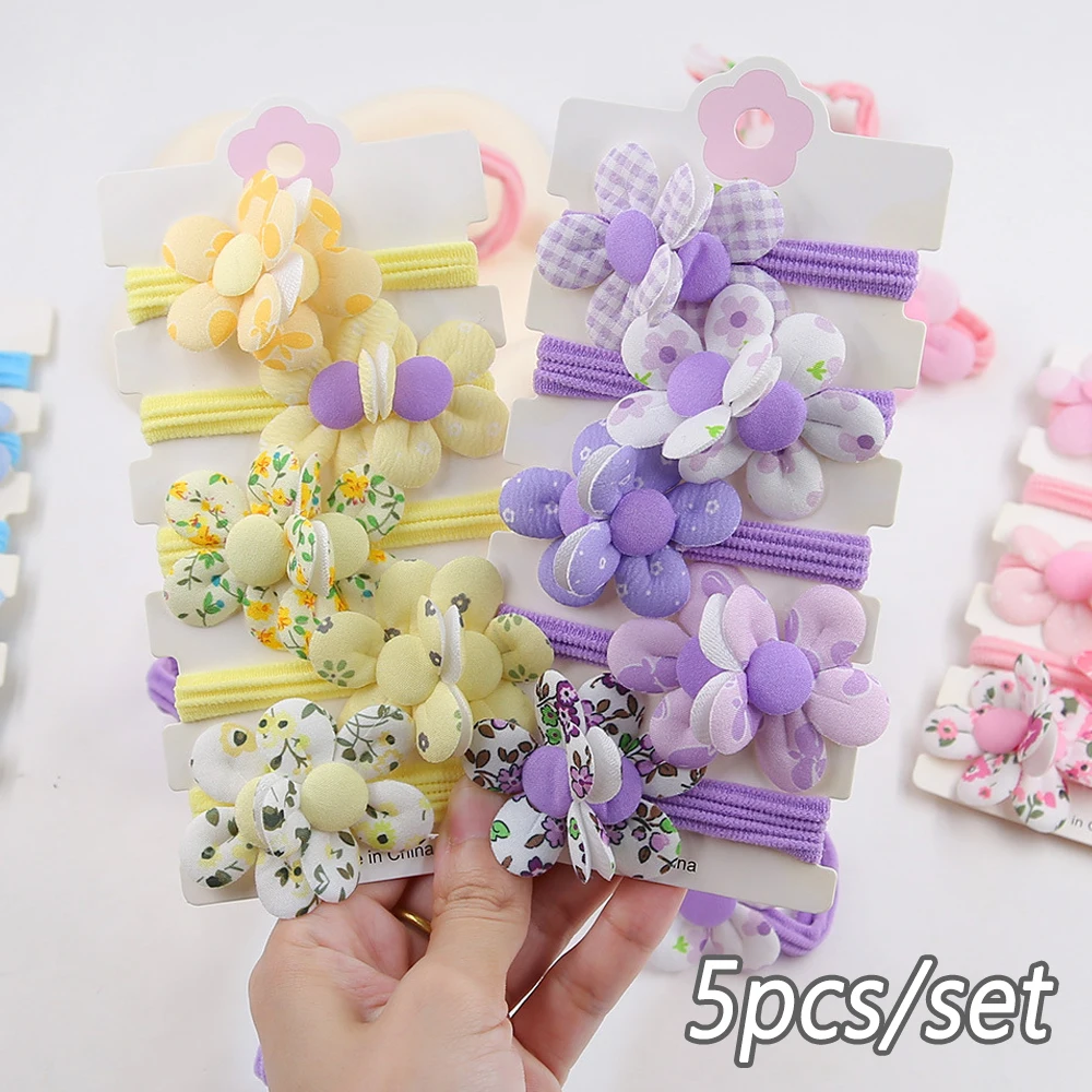 5 шт./компл., смешанные стили, подвески в виде цветов, резинки для волос, детский держатель для хвоста для девочек, бесшовная резинка, повседневная резинка для малышей, петля для волос