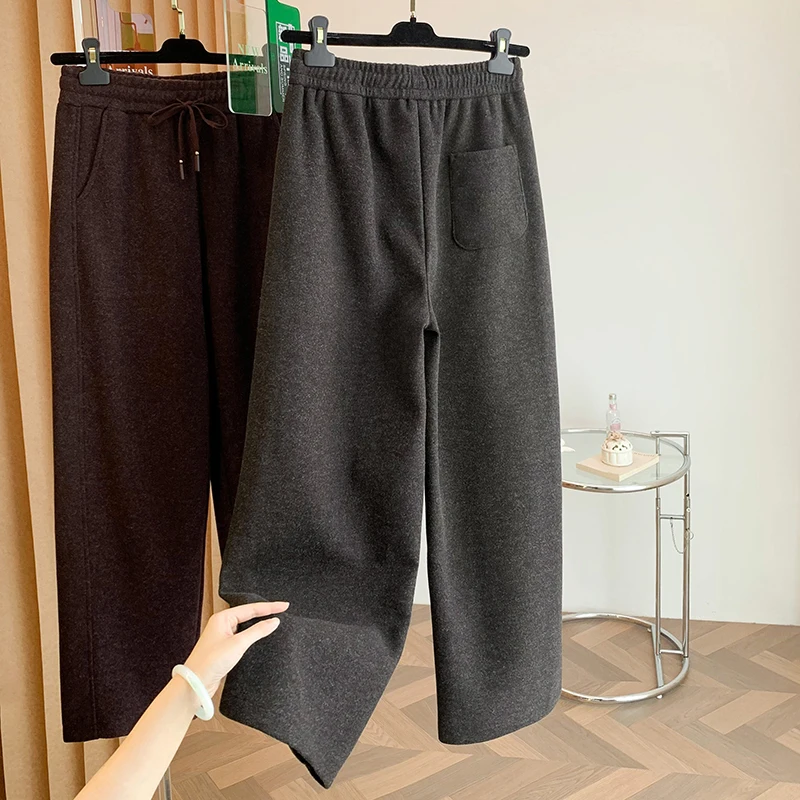 Zimowe wełniane spodnie z szerokimi nogawkami, damskie luźne spodnie o prostym kroju, modne spodnie uniwersalne, długie spodnie.