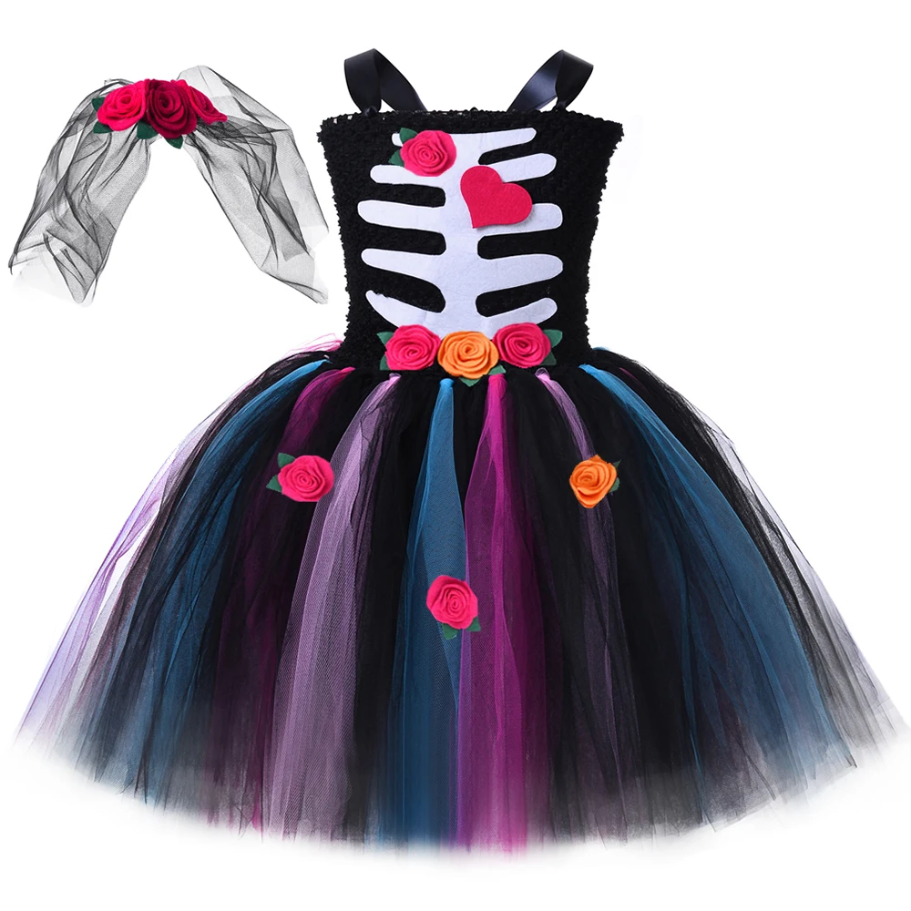 Girls Emily Corpse Bride Skeleton Costume Kids Skull Skeleton Rose Flowers Tutu Dress Toddler Girl Halloween Carnival Costumes