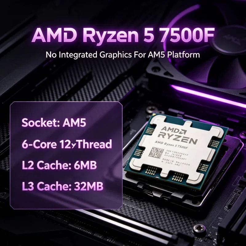 Speed CPU AMD Ryzen 5 7500F Zen 4 5nm 6 Core 12 Thread 5.0GHz Boost 32MB L3 DDR5 5200 AM5 Processor for Fast PC Work