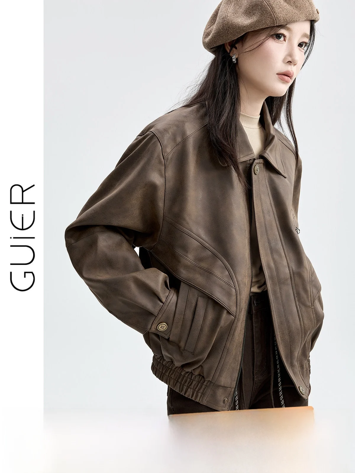 

Brown Leather Jaet Women's Loose Fit Vintage Sle Slimming Outerwear Autumn New Arrival Faion Ladies' Clothing