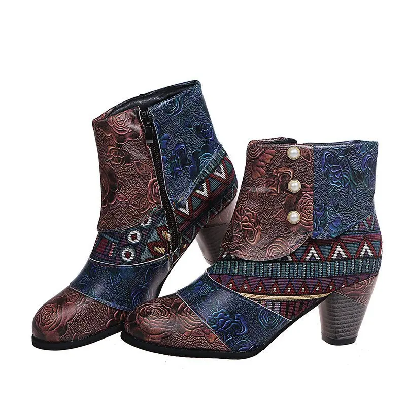 Ankle Boots Women Autumn PU Women\'s Shoes Ethnic Waterproof Casual Vintage Shoes Zipper High Heel Short Boots Botas Mujer