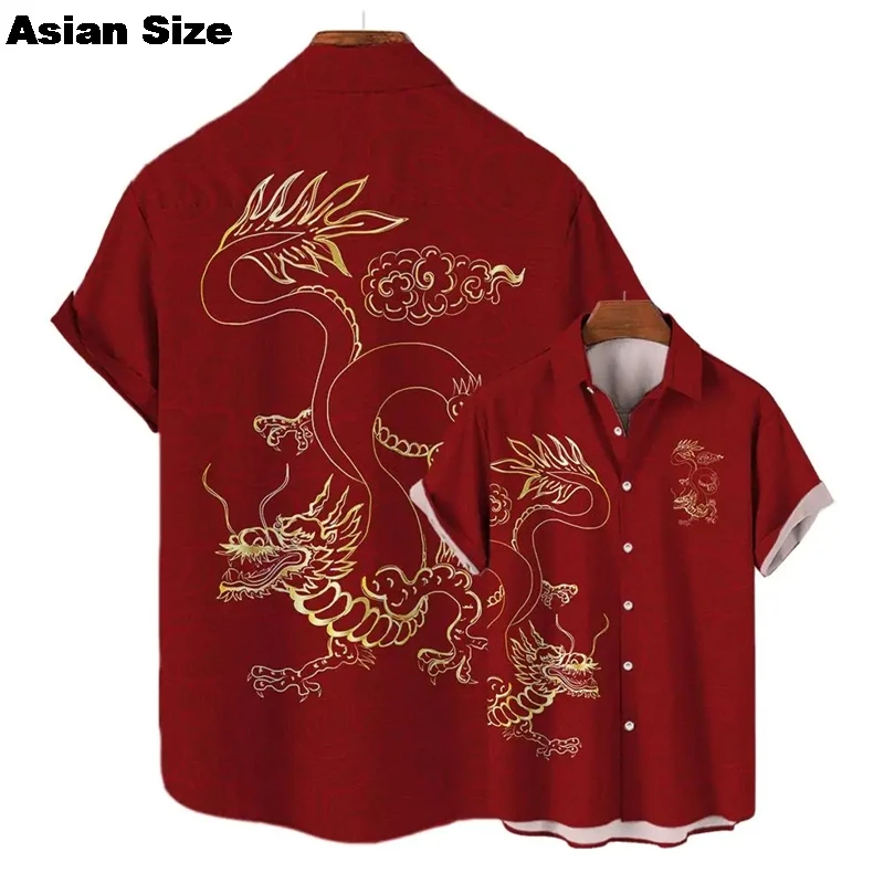 التنين سنة 2025 قمصان قصيرة الأكمام للرجال الملابس العرقية السنة الصينية الجديدة التلبيب بلوزة الذهب الصين التنين البلوزات الاطفال الهدايا