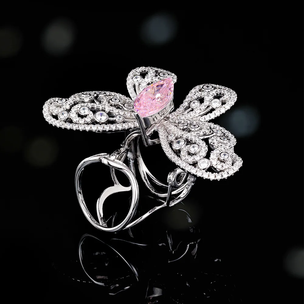 Luxury Design Fashion Jewelry Opening High-grade Copper Inlaid Zircon Butterfly Adjustment Rings for Women Shiny Cocktail Ring