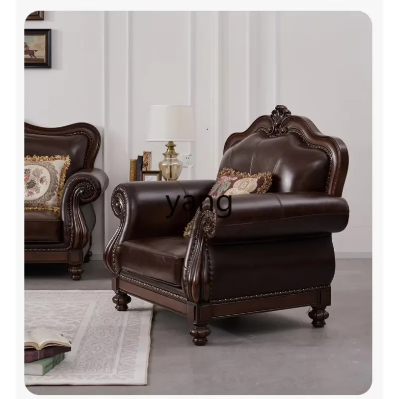 LTT American retro solid wood leather sofa living room straight row four people