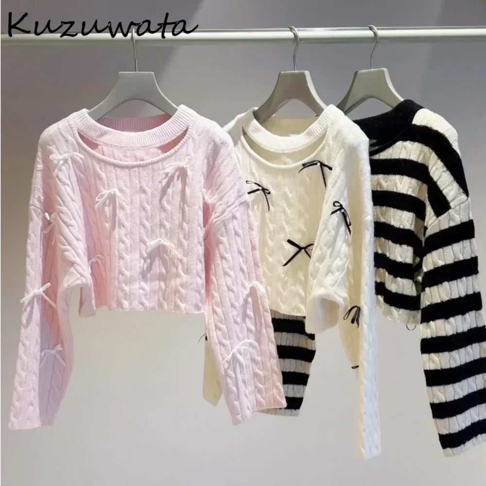 Kuzuwata New Sweet Pullover O Neck Long Sleeve Jumper Hollow Out Bow Wool All-match Knitted Japan Stripe Knit Exquisite Sweaters